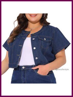 Plus Size Cropped Denim Jacket Vest Short Sleeve Button Down